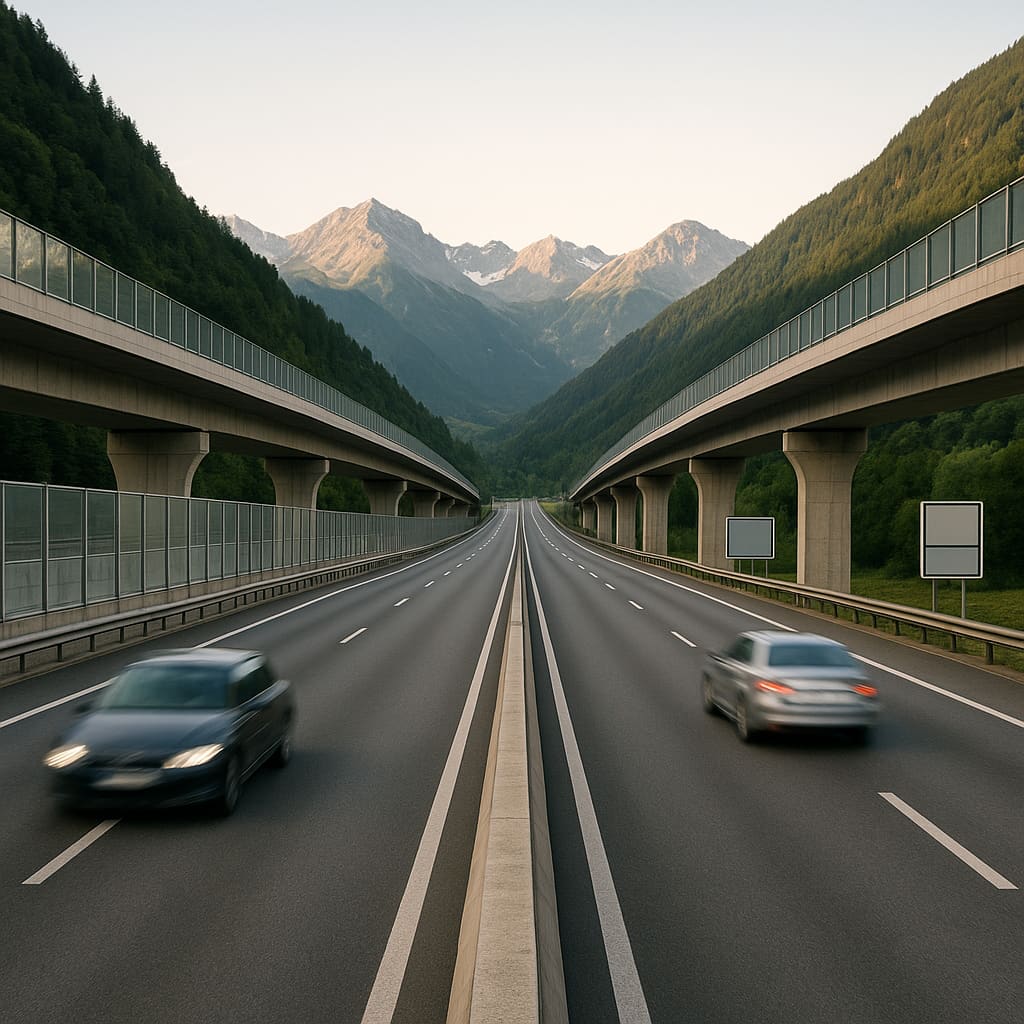 Autobahn in alpiner Landschaft als Beispiel für Fahrten in Österreich
